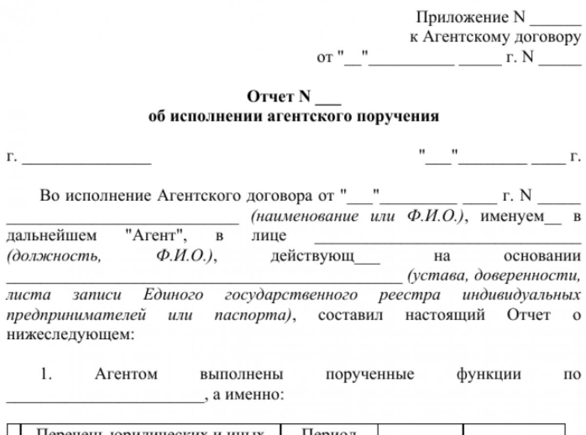 Отчет агента по агентскому договору