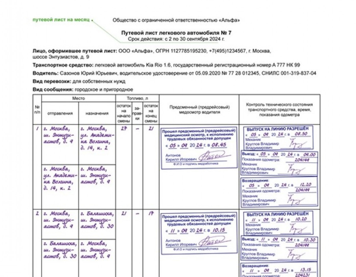 Путевой лист на месяц - образец и бланк | Современный предприниматель