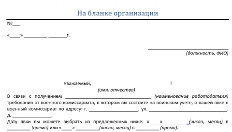 Уведомление работника о необходимости явиться в военкомат