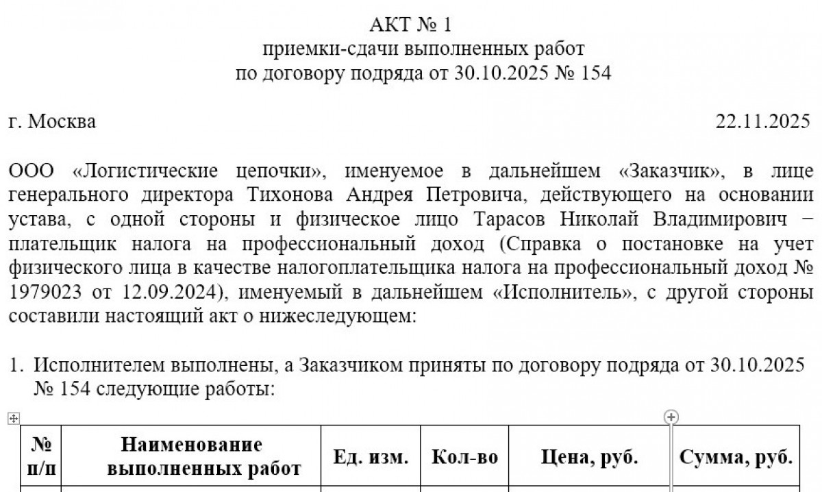 Акт выполненных работ для самозанятых