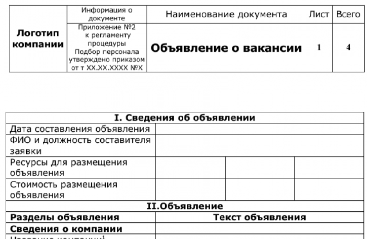 Объявление о вакансии на работу (образец)