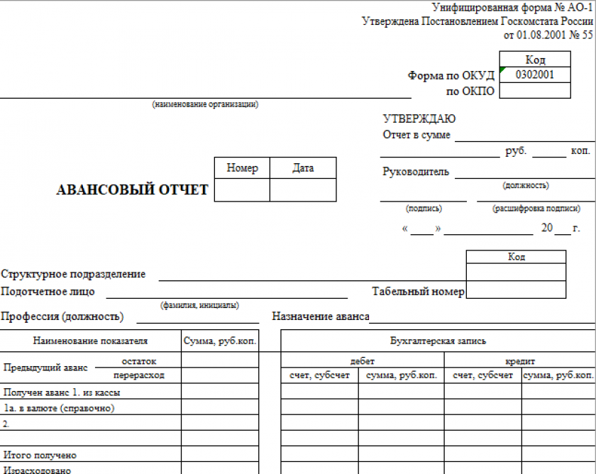 Бланк авансового отчета (форма № АО-1)