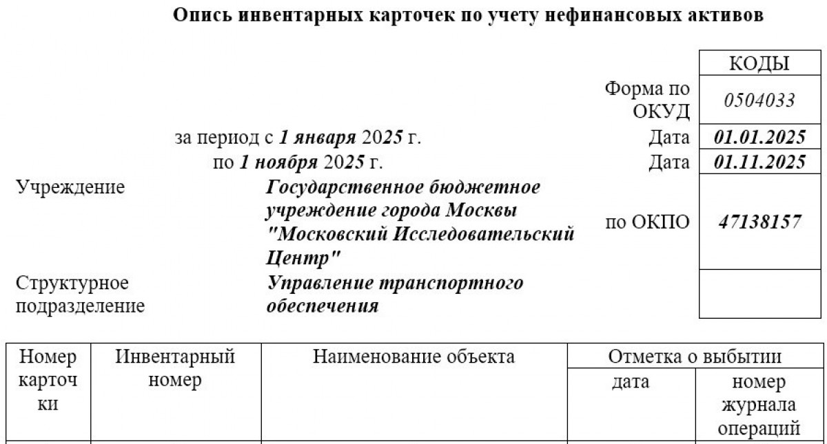 Образец описи инвентарных карточек по учету ОС